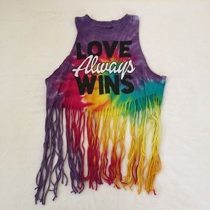 Love Always Wins tie dye top with fringe